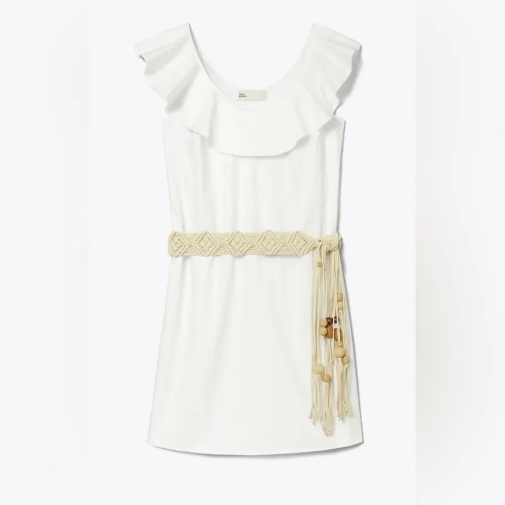 Tory Burch NWOT White flounce Dress with Woven Belt  size 2